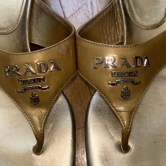 Prada gold w/silver hardware slides/sandals w/ kitten heel. - Picture 3 of 9